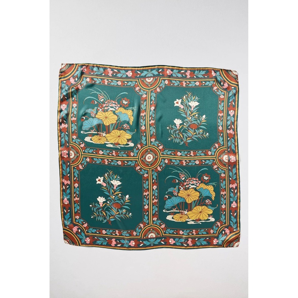 Anthropologie Set of 2 Floral Botanical Square Silk Like Scarves Teal Brown Pink - Picture 3 of 4